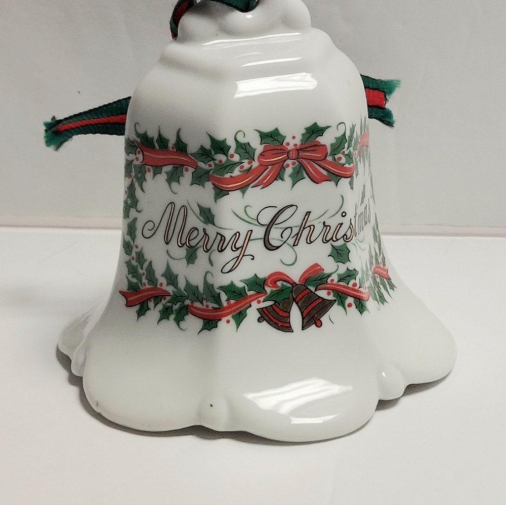 CHRISTMAS Large White Ceramic Bell Tree Ornament Green Holly Red Bow 4.5" tall